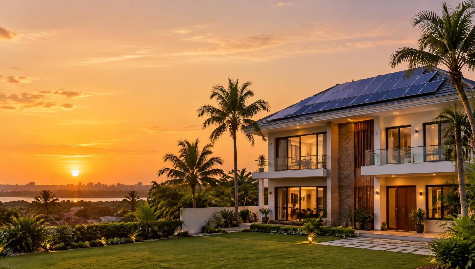 Rooftop solar array on a Nigerian home at golden hour